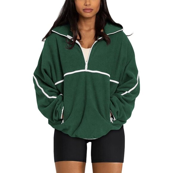 Jackets & Blazers - Womens Sherpa Fleece Half Zip Pullover Oversized Sweatshirt Green XXL